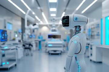 Futuristic healthcare robot in a modern medical facility assisting with patient care and diagnostics