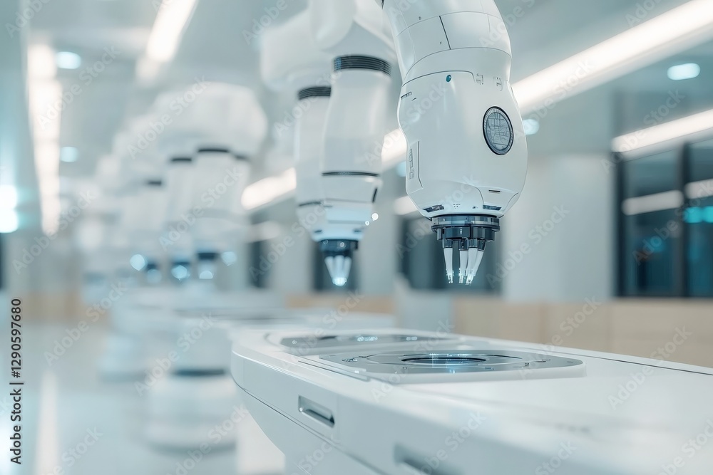 Poster robotic arms assembling components in a modern manufacturing facility during daytime operations
