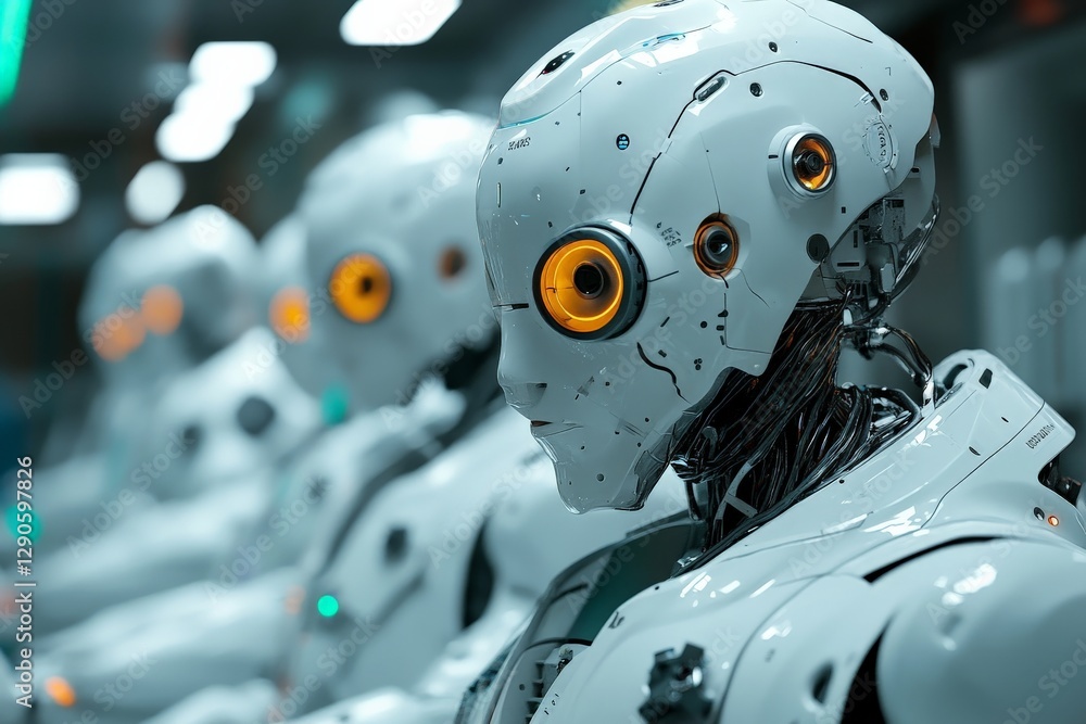Aufkleber Robotic figures lined up in a high-tech facility showcasing advanced artificial intelligence components