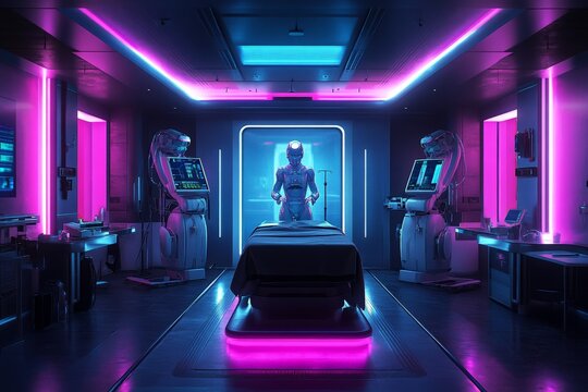 Futuristic medical facility featuring robotic assistance in a neon-lit operating room