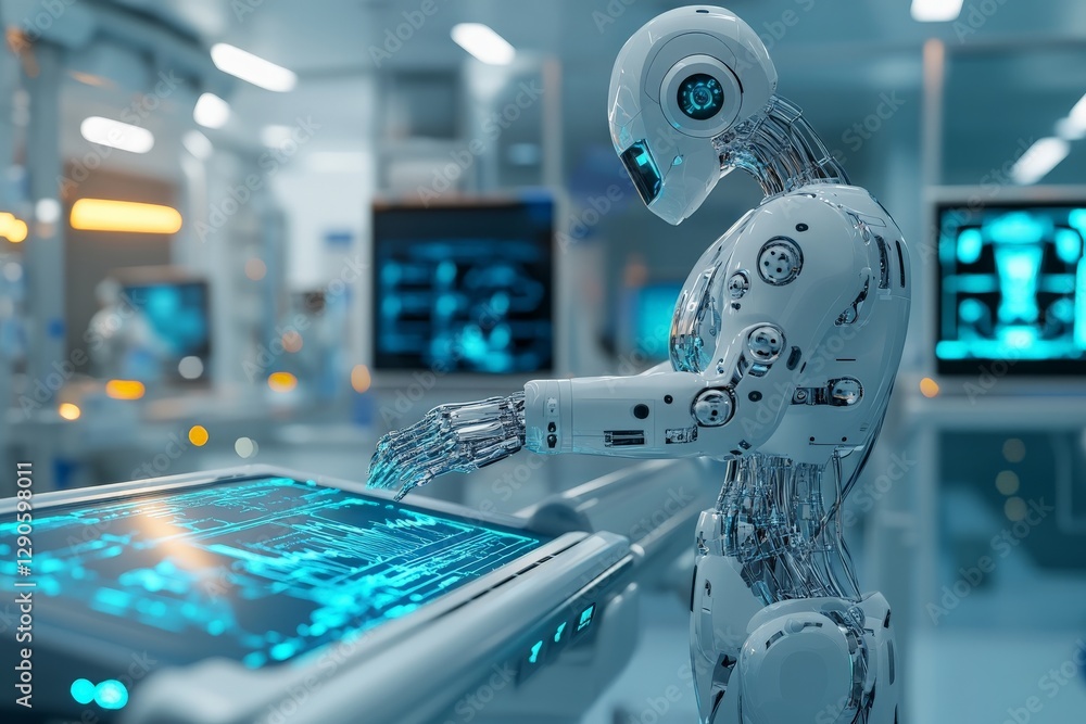 Poster robotic figure interacting with digital interface in a high-tech laboratory environment