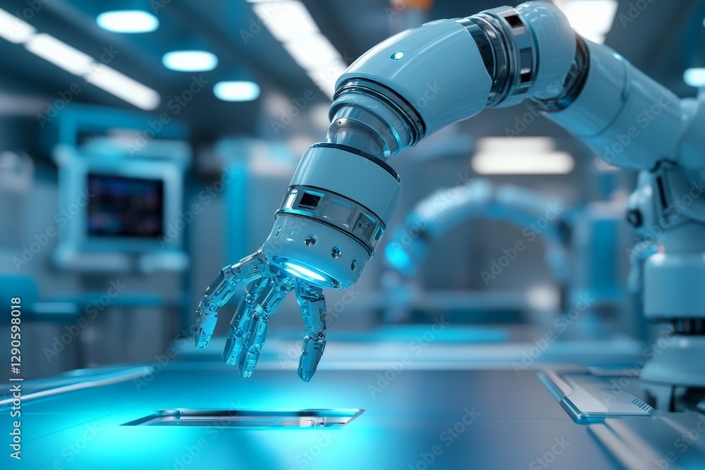 Poster Robotic arm performing precision tasks in a modern technology lab during an advanced research session