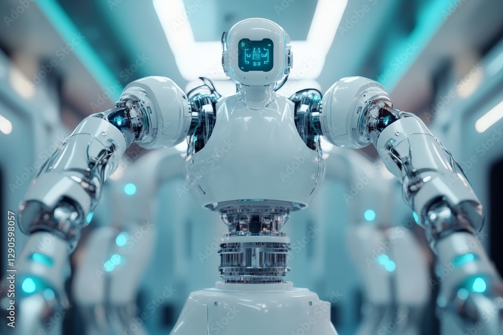 Poster robotic figures in futuristic setting demonstrating advanced technology and design in a modern envir