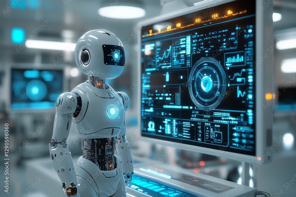 Poster advanced robot interacts with high-tech displays in a futuristic laboratory environment