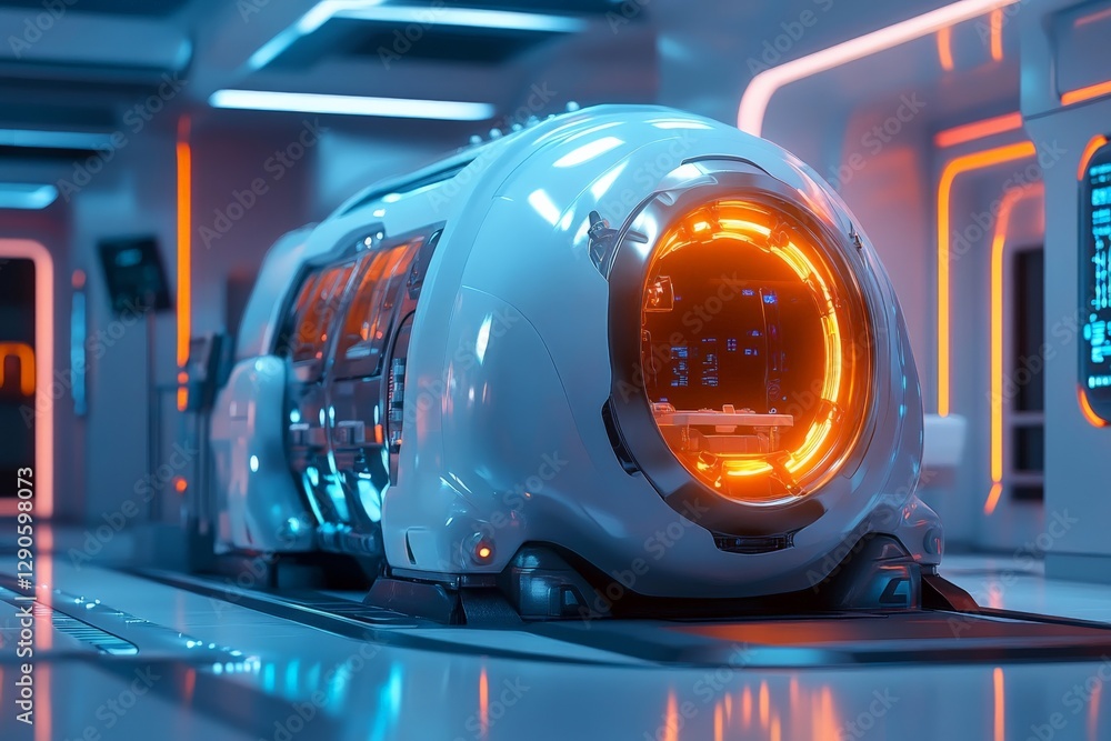 Poster futuristic transport module glowing in bright orange lights within a sleek technological environment