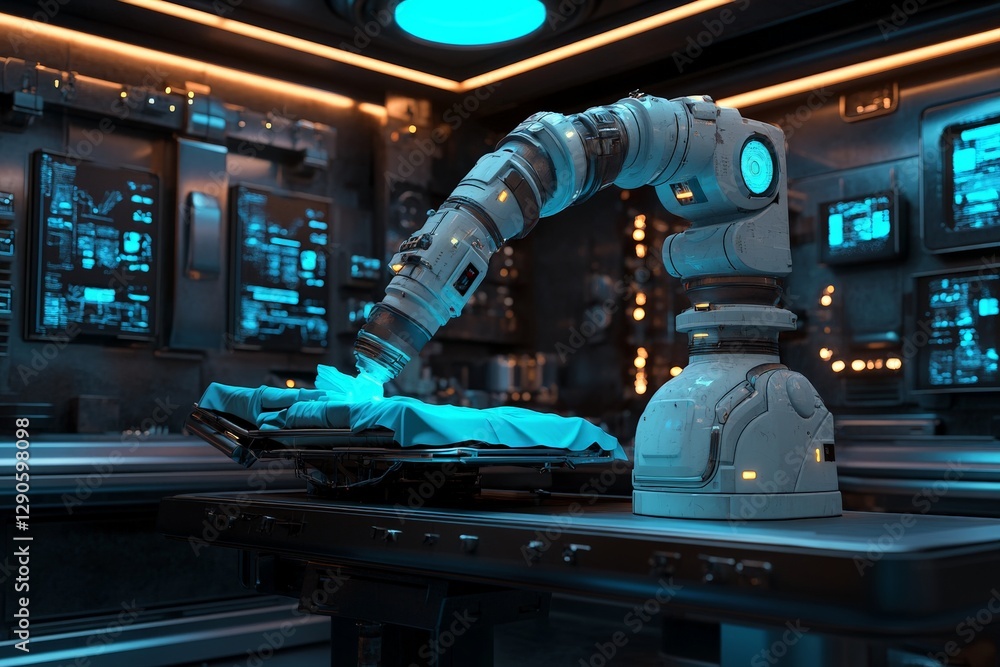 Poster advanced robotic surgical assistant performing a delicate procedure in a futuristic operating room