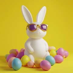 Colorful Easter bunny with sunglasses and eggs on yellow background