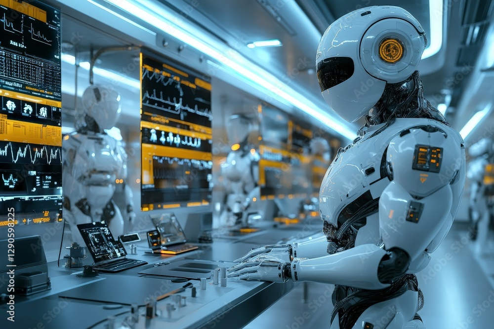 Aufkleber robots performing data analysis in a futuristic medical laboratory with advanced technology and brig