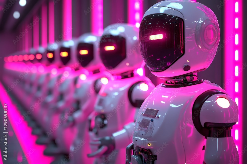 Fototapete robots lined up in a futuristic corridor illuminated by neon lights during a technology event
