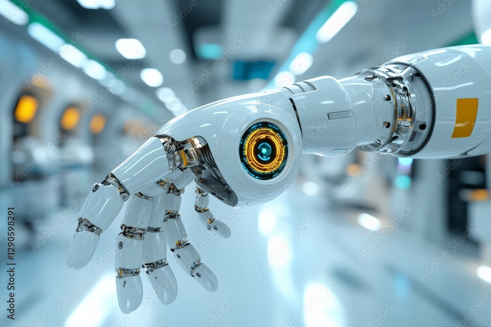 Poster robotic arm with intricate components and glowing elements in a futuristic laboratory setting