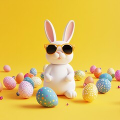 Colorful Easter bunny with sunglasses and eggs on yellow background
