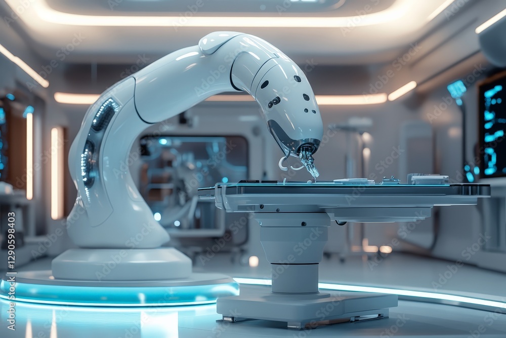 Poster Advanced robotic arm performing precise tasks in a modern laboratory setting with high-tech equipment
