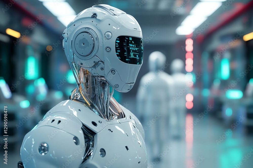 Leinwandbilder futuristic humanoid robot in a high-tech environment interacting with other robotic beings