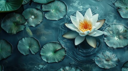 Serene white water lily blooms amidst teal lily pads.
