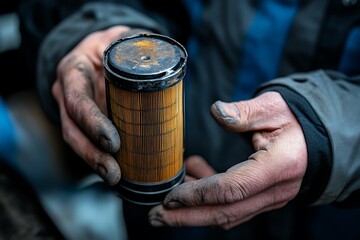 Dirty hands hold used oil filter outdoors
