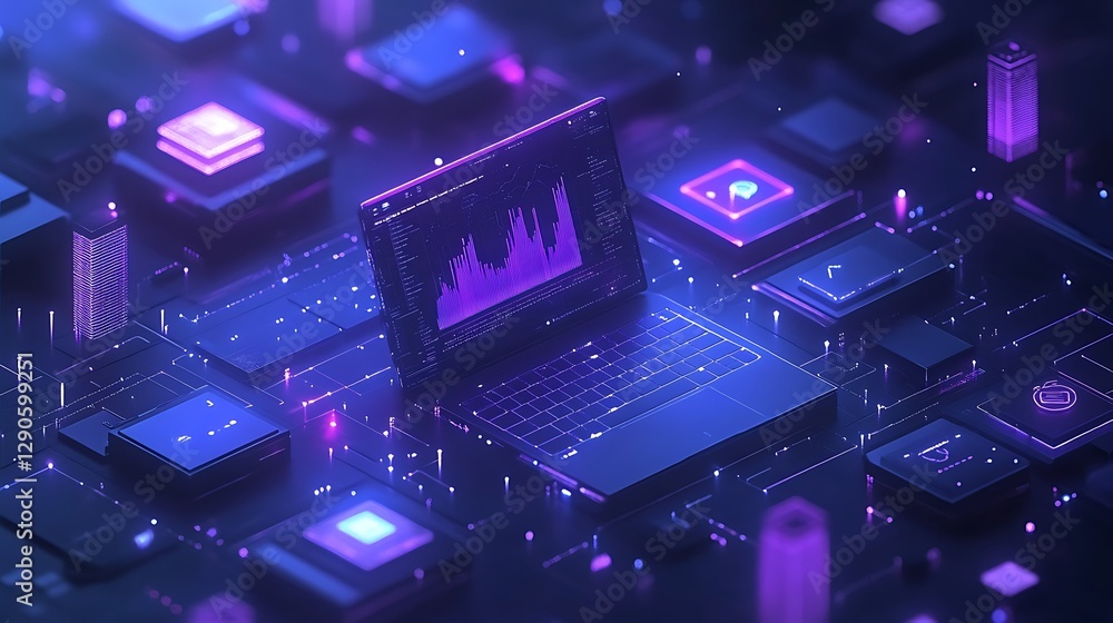 Poster futuristic laptop with data visualizations, a futuristic laptop with glowing graphics and data visua