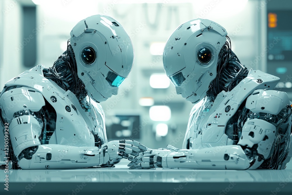 Poster two robots engaged in a thoughtful exchange in a futuristic laboratory setting during daylight