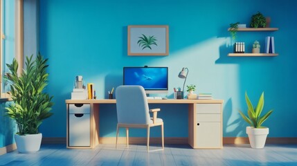 Modern Home Office Design with Natural Light and Green Plants