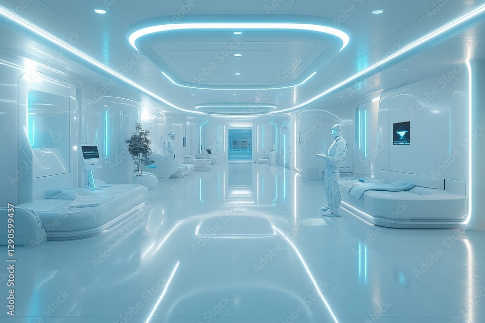 Poster futuristic hallway in a high-tech facility featuring advanced technology and sleek design