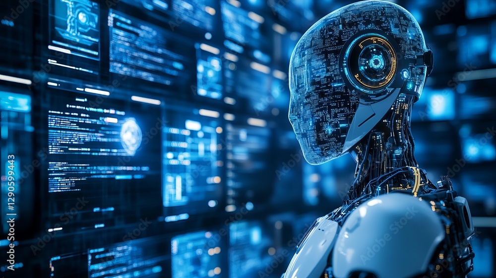 Poster futuristic robot ai digital intelligence technology advanced artificial network system modern blue d
