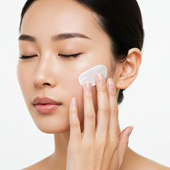 Asian Woman Applying Face Cream Skincare Routine Close-Up