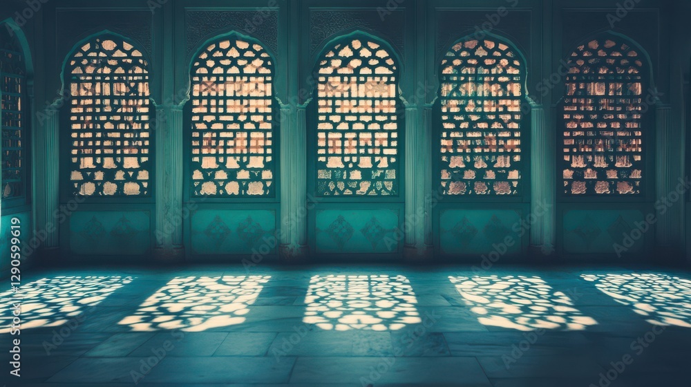 Poster Intricate Arched Windows Casting Shadows in Historic Architecture