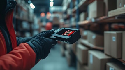 Person holding barcode scanner in a warehouse setting