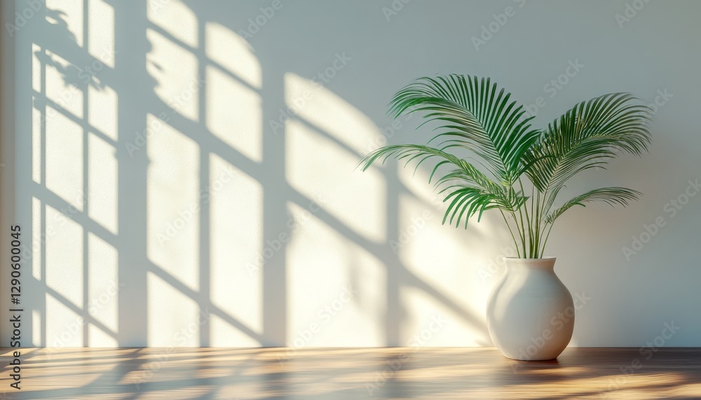 Poster bright white room with large windows casting intricate shadows on the wooden floor in a serene and m