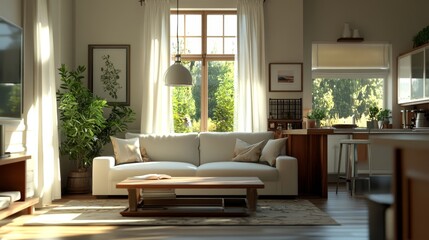Obraz premium Sunlit Modern Living Room With an Open Kitchen Inviting Relaxation and Social Gatherings in a Serene Home Setting