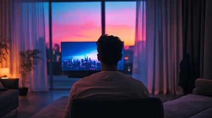 Man Watching Cityscape Sunset on Large Screen Television in Modern Apartment Evening Relaxation Cozy Home Theater Ambient Lighting Serene View        