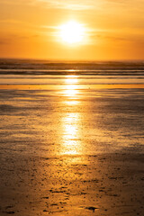 A serene sunset casts a warm golden hue over the ocean, reflecting beautifully on the wet sand, creating a peaceful and tranquil atmosphere for viewers to enjoy.