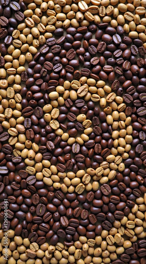 Poster various coffee beans arranged in a visually appealing pattern showcasing different colors and textur