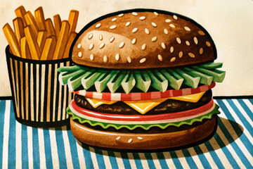 hamburger and french fries on funny background cartoon illustration fast food