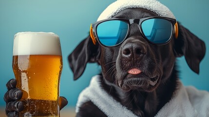 Black dog wearing sunglasses and a white shirt holding a glass of beer. The dog appears to be enjoying a cold drink on a warm day