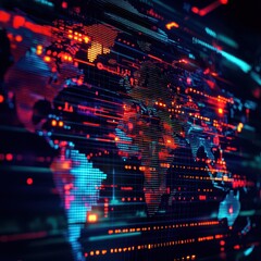 Fototapeta premium Digital world map with glitching financial data, unstable global economy theme, economic crisis, debt overload, digital finance risks