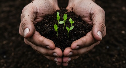 Protecting New Life: Hands Gently Holding Young Seedlings in Rich Soil