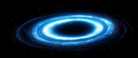 Glowing blue spiral galaxy surrounded by cosmic light effects and space on a black backdrop in abstract 3D rendering