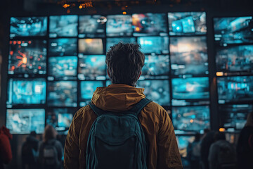 Rear view of a young man looking at an animated content stream. Visualization of browsing a big data metaverse with viral videos, social media profiles and online communities.