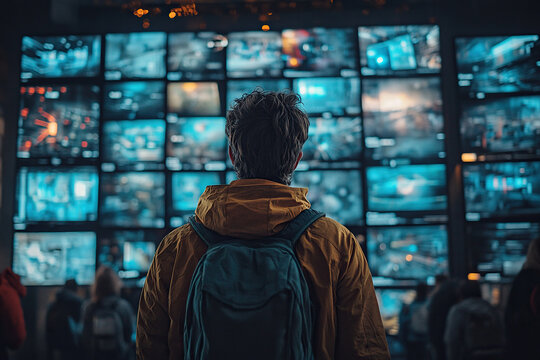 Rear view of a young man looking at an animated content stream. Visualization of browsing a big data metaverse with viral videos, social media profiles and online communities.