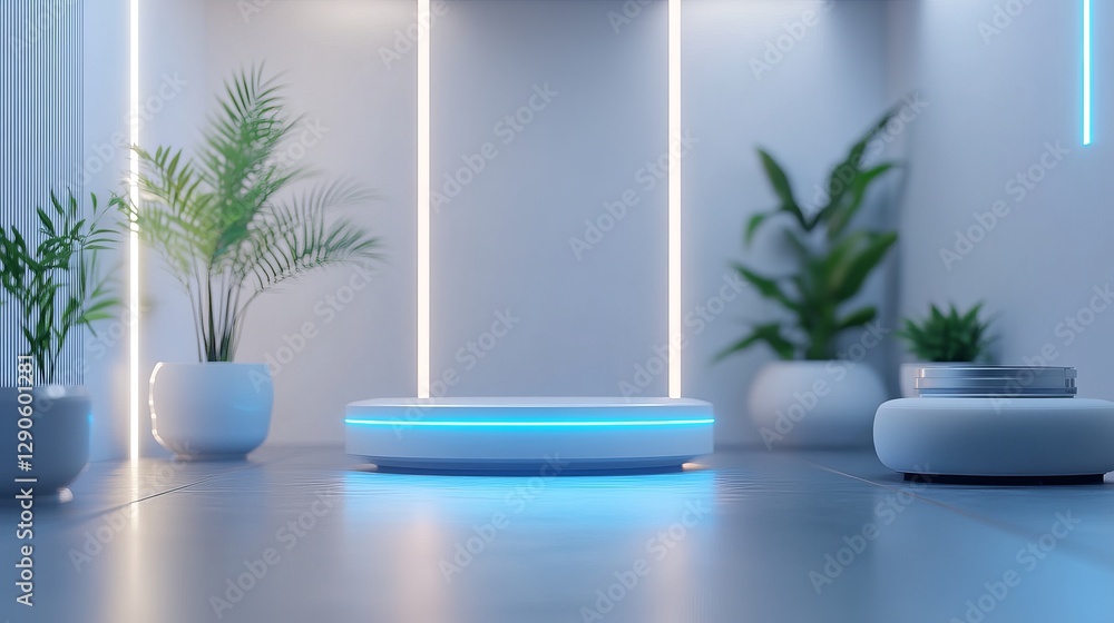 Poster clean minimalist product display platform modern futuristic blue neon light elegant studio backgroun