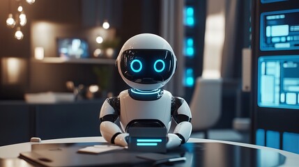Obraz premium Modern White Robot Assistant Working at Desk Futuristic Office Technology AI Digital Innovation Smart Home Automation Artificial Intelligence Future 