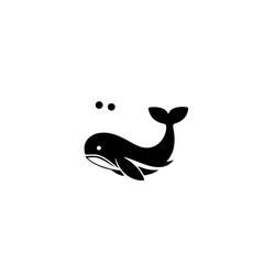 Black and white illustration of a whale in a clean style with two bubbles above. Minimalist design.