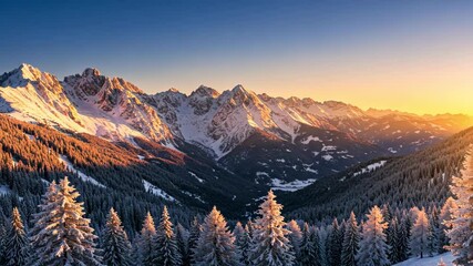 A serene winter landscape with snow capped mountains at sunset