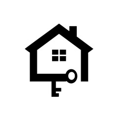 Minimalist house logo, black silhouette, integrated key design representing security, accessibility, real estate, and home ownership.