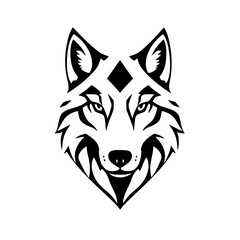 Vectorized wolf head portrait, black and white, minimalist.