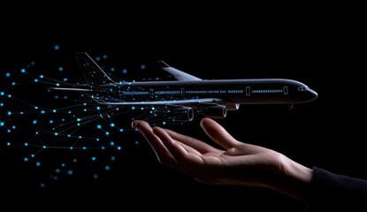 Hand holding a plane with connected digital network