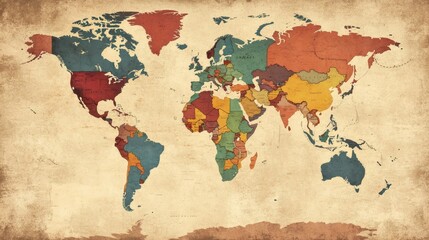 Vintage Style World Map with Colorful Countries and Textures