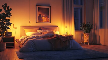 High end bedroom offering panoramic views of the city at dusk image