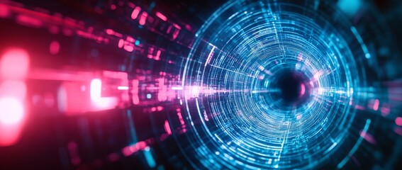 Fototapeta premium Spinning blue and pink light in a digital tunnel full of data cables and fiber optics creating a vibrant abstract atmosphere