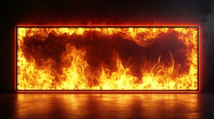 Fototapeta premium Burning flames surrounding a rectangular screen against a dark background